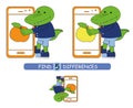 Find differences between pictures. Vector cartoon educational game. Cute alligator.